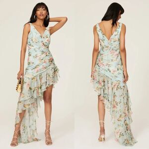 Mac Duggal 49144 Size 4 Light Blue Pink Floral Chiffon Ruched Ruffled Dress